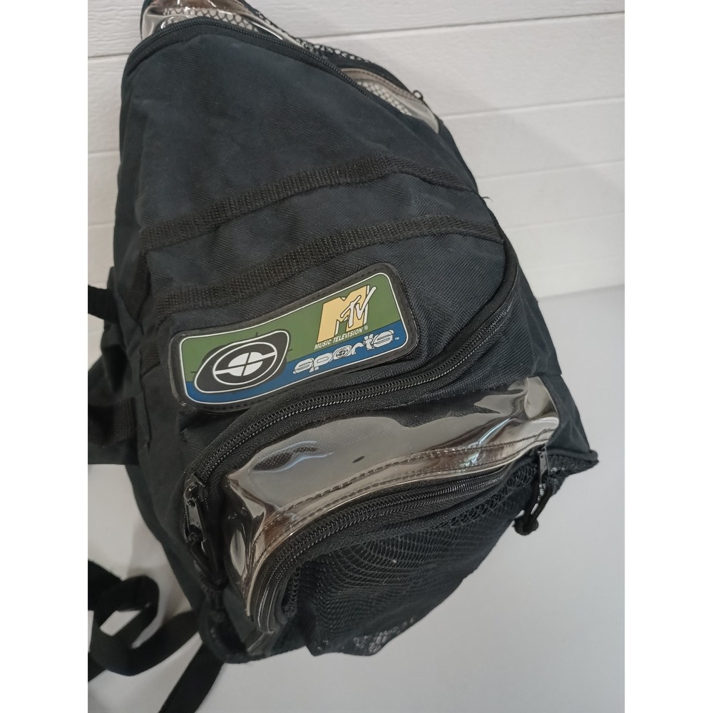 Vintage MTV Sports Backpack Black Mesh Clear Vinyl Retro 90s Gear Bag